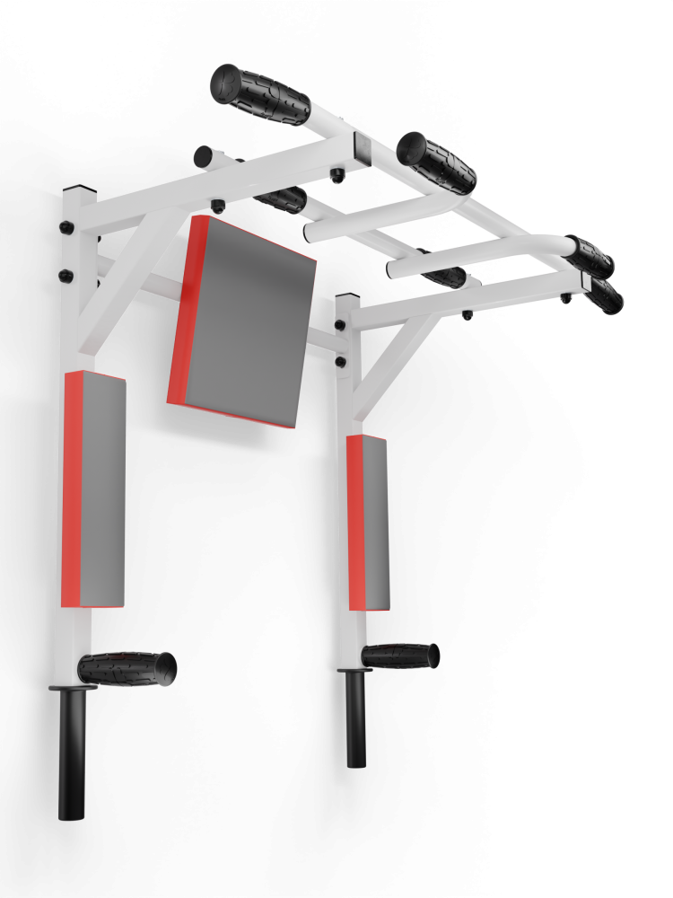 Турник-брусья 3 в 1 ЦЕНТРЛ СПОРТ белый Спинка ЛЮКС серо красная, ручки NEW черные